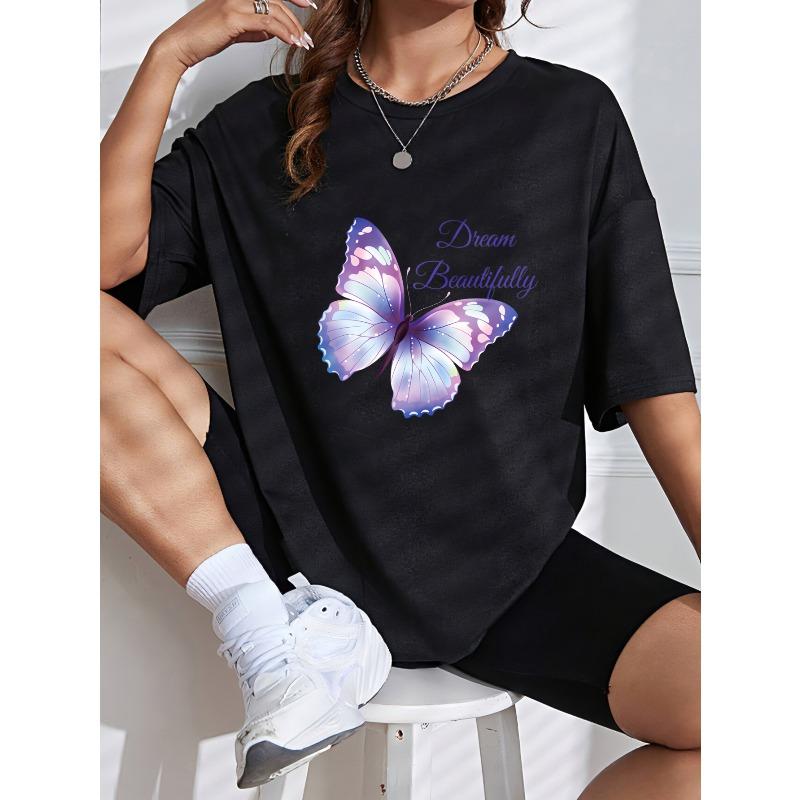Women Casual T Shirt White Butterfly Dream Beautifully Print Summer Top For Everyday Wear