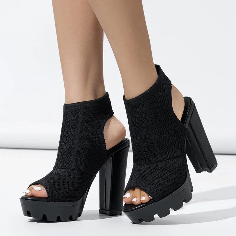 Fashion Eilyken Summer Stretch Fabric Sandals Womens Square High Heels Shoes Roman Style Open Toe Banquet Zapatos De Mujer