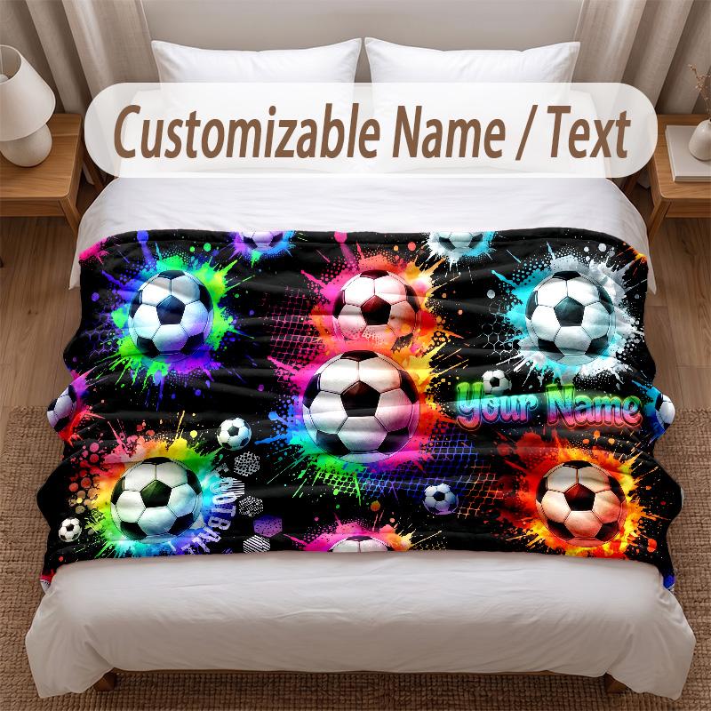 Soccer Theme Soft Blanket Personalized Custom Name Text Print Warm Blanket Home Sofa Bedroom Decor