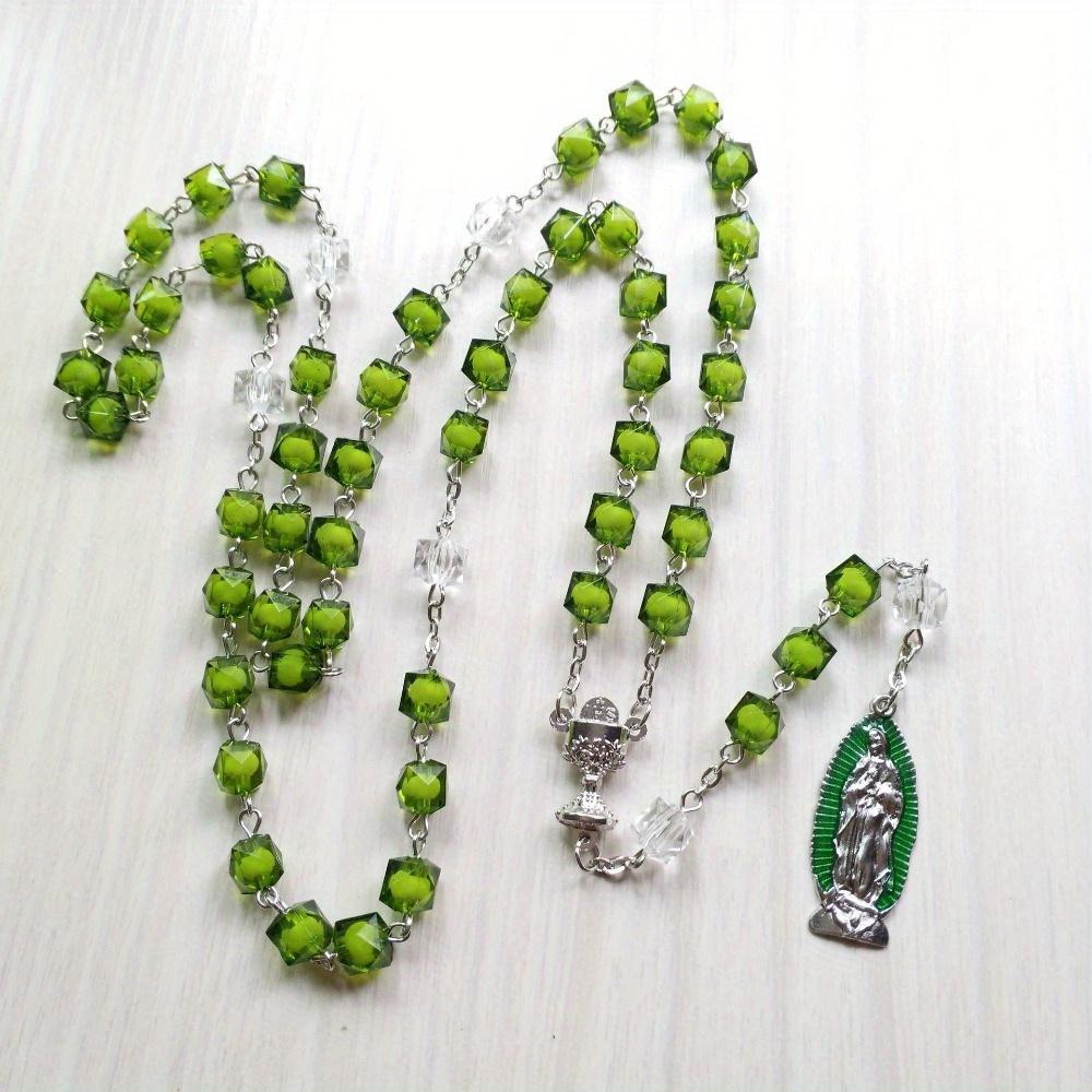 Green Stones Rosary Cross Necklace Christian VirginMary Center Accessories Sweater Chain Church Jewelry Accessories