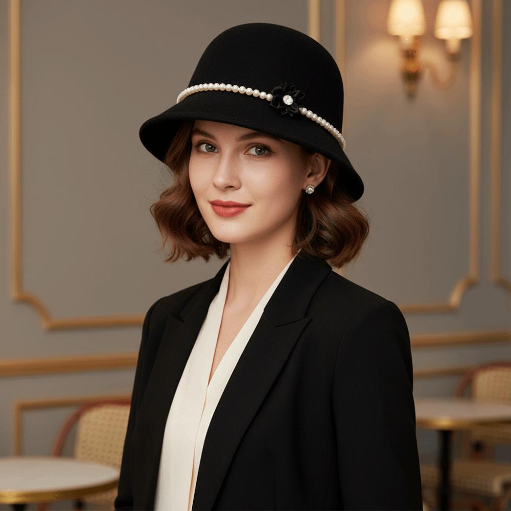 Pearl Flower Topper Hat Solid Color Woolen Bucket Hat Elegant Fisherman Hat  Girl