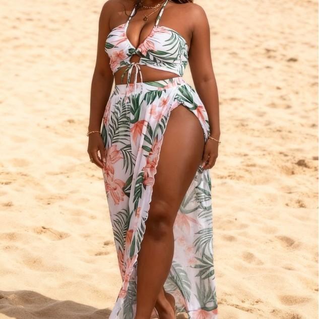 Large Size Split Swimsuit Printed Sexy Bikini Three-piece Neck Strap Long Skirt Blouse Large Size Swimsuit