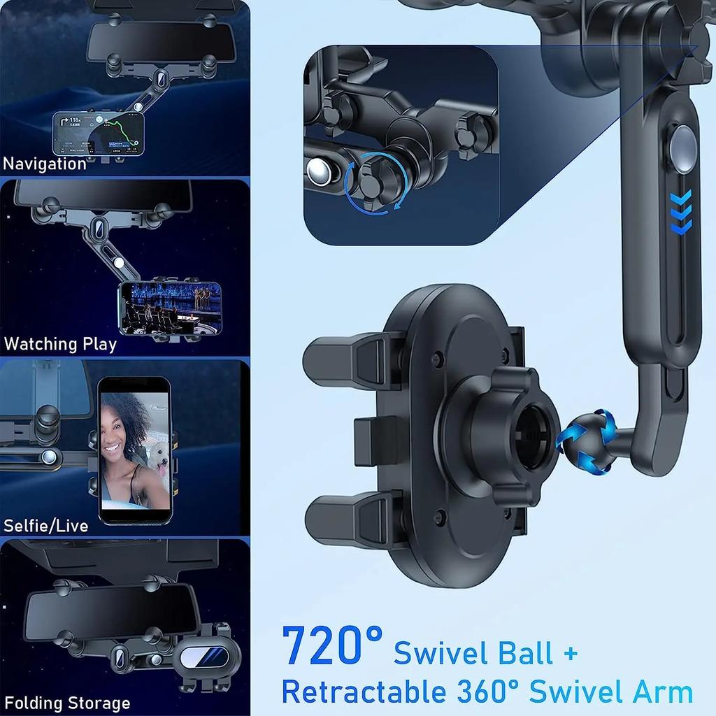 360° Rotating Car Rearview Mirror Phone Holder - Perfect for Kids and Adults - Compatible with Phones and GPS Devices - Sturdy