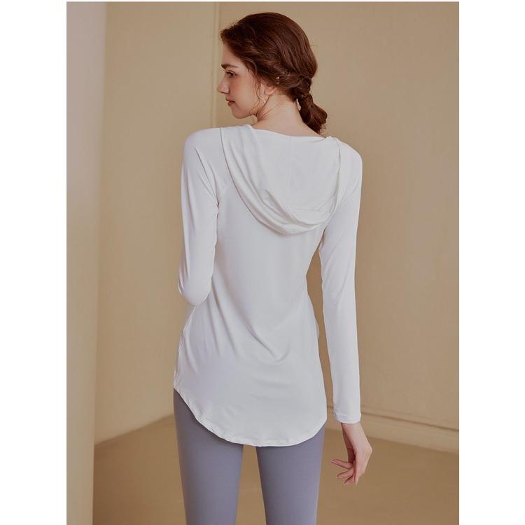 Women Autumn Spring Slim Fit Hooded Long Sleeve Workout Top High Waist Loose Fitness Shirt for Running Yoga Gym
