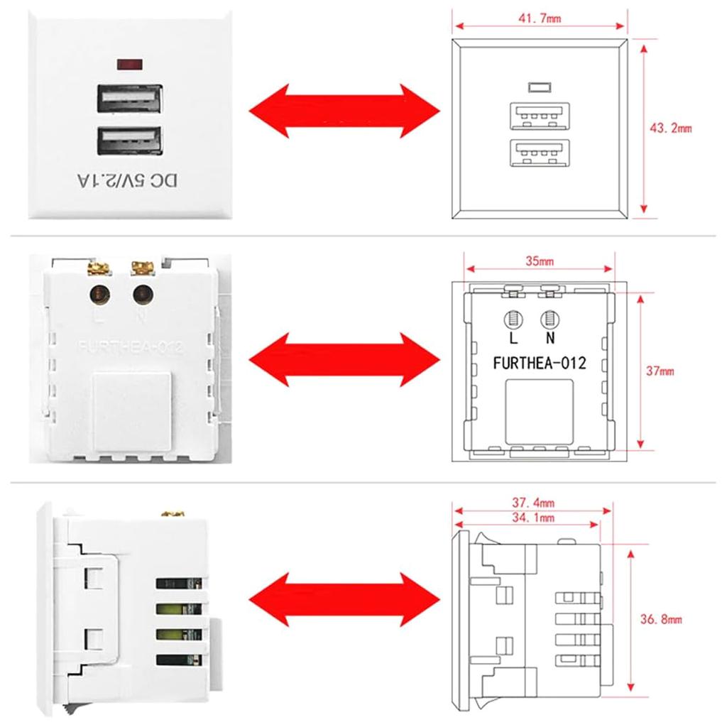 5V 2.1A Double USB Power Socket Embedded Double USB Desktop Receptacle Charging Power Panel Module Outlet Replacement