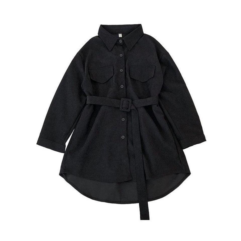 Women's Corduroy Belted Single-Breasted Shirt Dress - Chic Korean Style, Loose Mid-Length for Spring/Autumn 2025