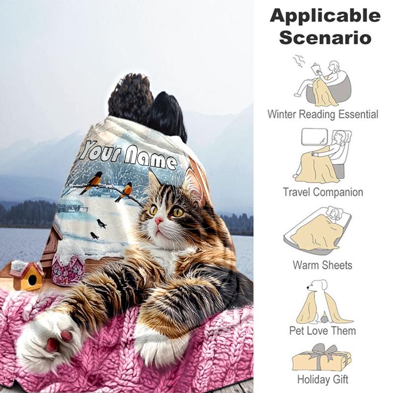 1PC Custom Name Winter Cat Window Scene flannel blanket versatile, all-season throw suitable for the living room, bedroom, camping, travel, and gift