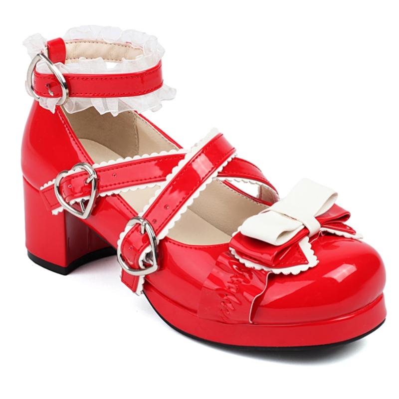 Sweet Bow Low Heels Women's Lolitas Shoes Spring Ankle Strap Red White Heeled Wedding Office Party Shoes Female Large Size 45