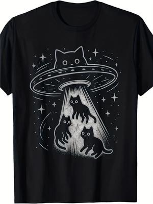 Funny Cat UFO Abduction Graphic T-Shirt Alien Space Cute Kitty Sci-Fi Tee Gift