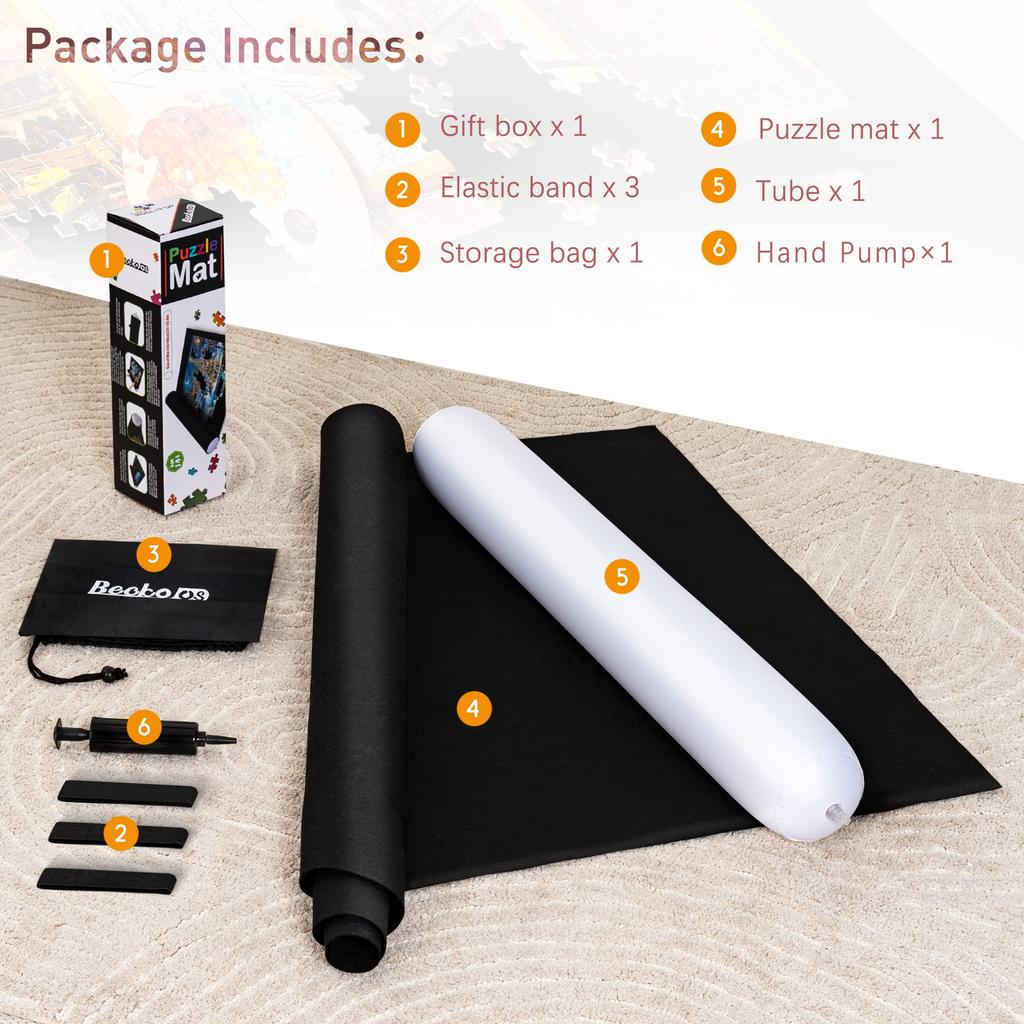 Becko US 2000 Piece Jigsaw Puzzle Mat, Roll-Up with Black Pump & Drawstring Storage Bag. Easy To Carry and Store, Black Felt Mat, Portable Puzzle