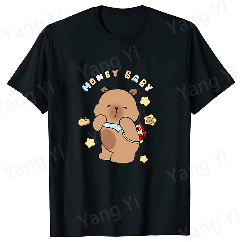 Modische Capybara Trage Rucksack Druck T-Shirt Lässig Kurzarm Grafik T-Shirt Unisex Locker Harajuku Shirt Honey Baby Oberteile