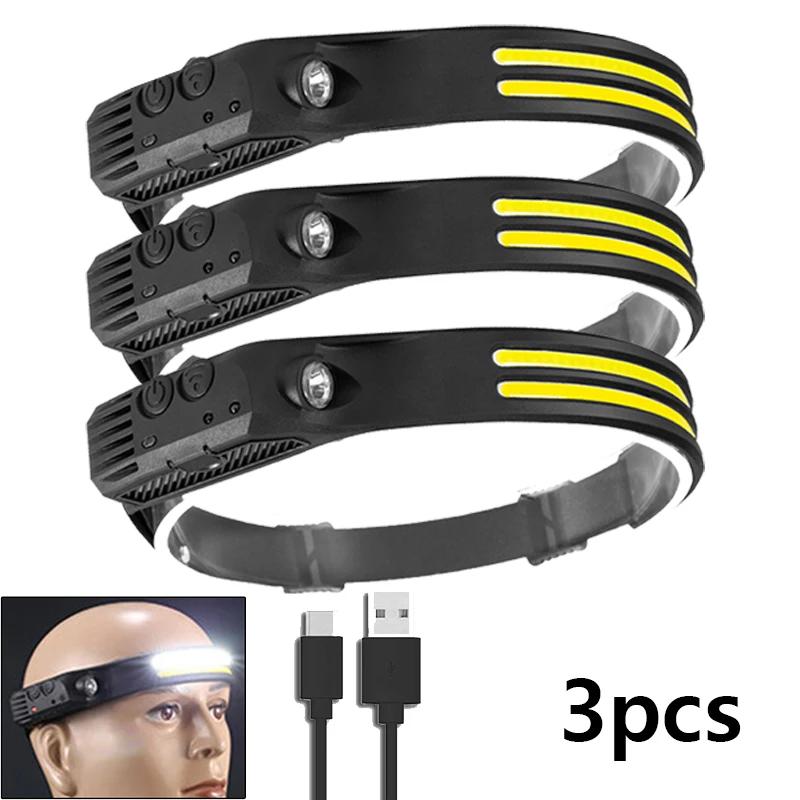LED+COB Sensor Headlight 5 Lighting Modes Head Torch Rechargeable Built In 1200mAh Battery Head Lamp Waterproof Working Lantern