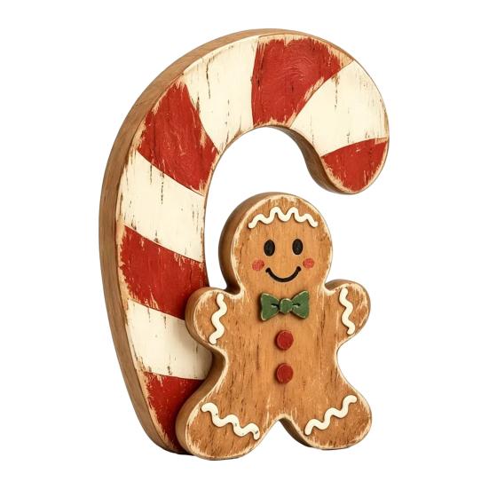Christmas Village Gingerbread House Wooden Man Decor, Rustic Gingerbread, Candy Cane Figurines, Xmas Reusable Seasonal Home Decor Tabletop Ornaments