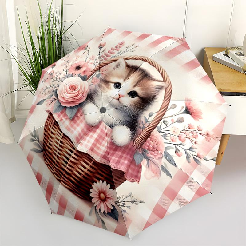

1pc Kitten Basket Flowers Automatic Opening and Closing Folding Umbrella with 8 Iron Ribs - Portable, Foldable for Travel yy251124080