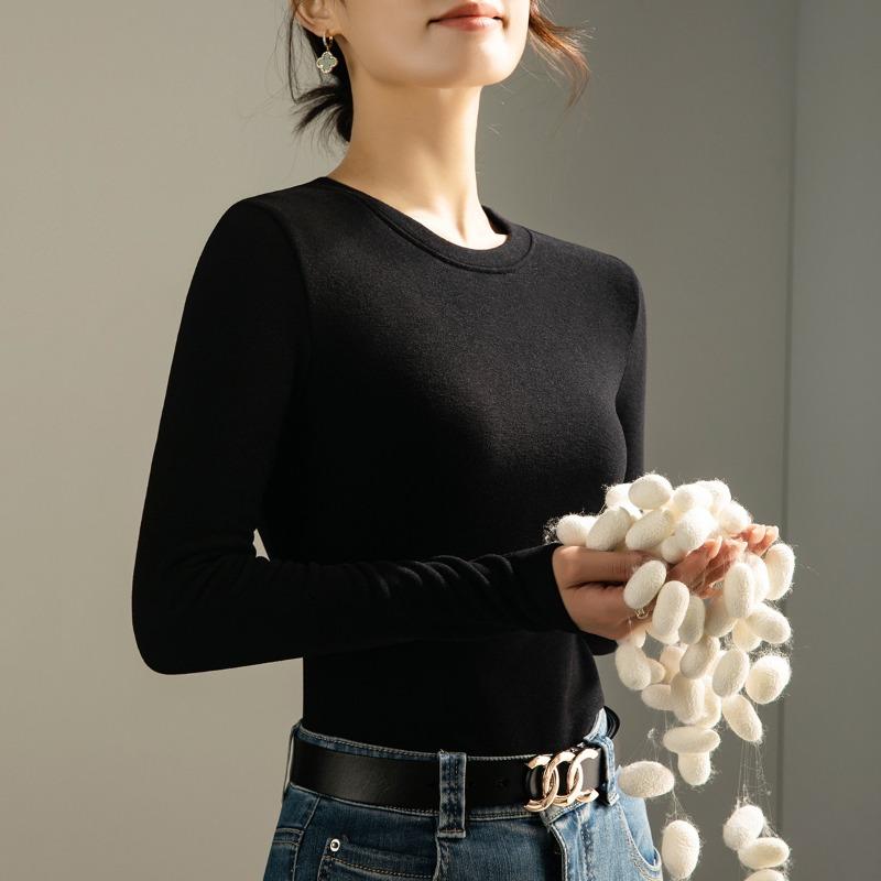Silk Warm Fleece Heating and Thermal Underwear Women's Inner Fleece Autumn Clothes Top Wool Thickened Bottoming Shirt Winter