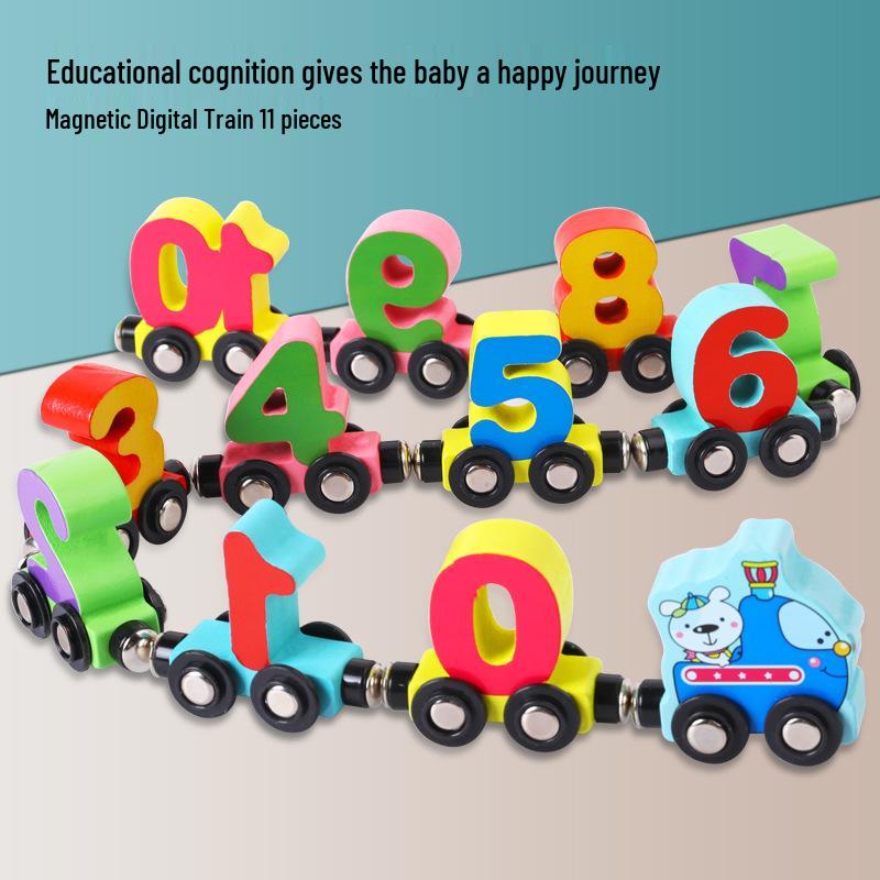Wooden Magnetic Number Train for Kids - Pull-Along Block Toy