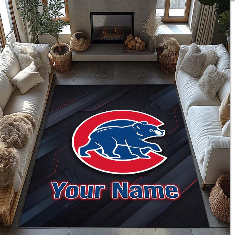 Chicago Cubs Crystal Velvet Rug, Custom Name Text Personalized Non‑Slip Floor Mat for Home Decor Gift