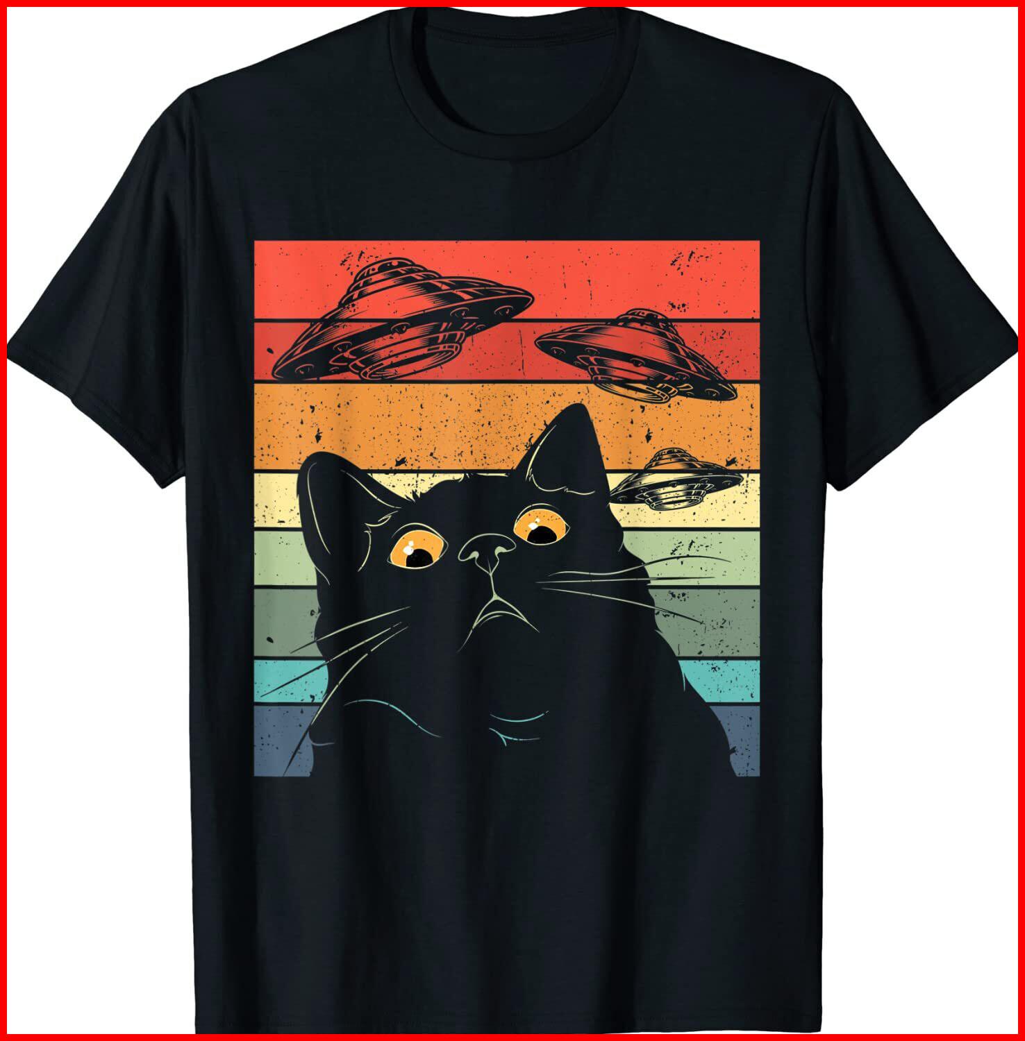 Galaxy Cat Shirt Spaceship Alien Cat UFO Funny Black T-Shirt S-5XL L