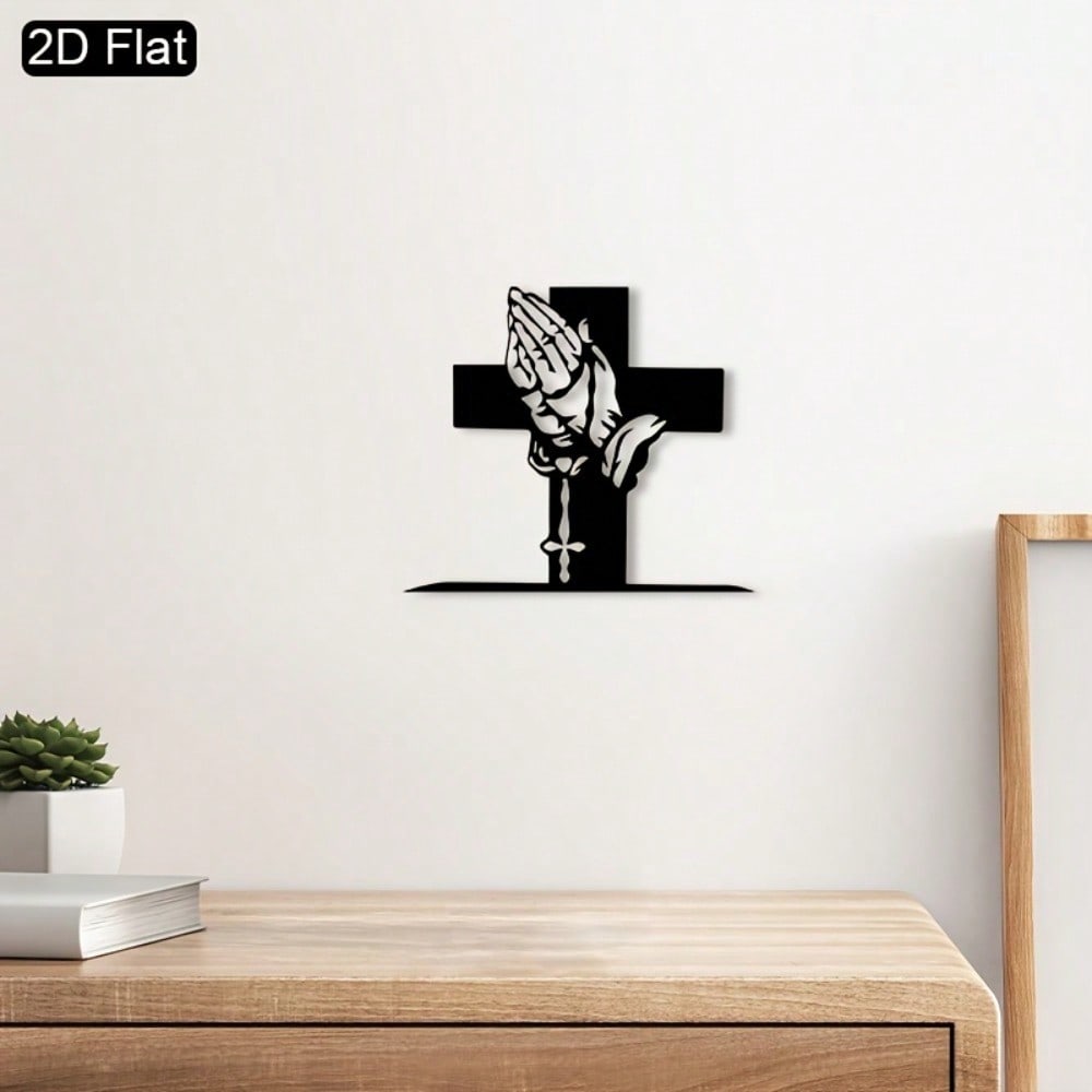 2D Minimalist Cross Praying Hands Metal Wall Art Iron Craft for Living Room Bedroom Christmas Decor