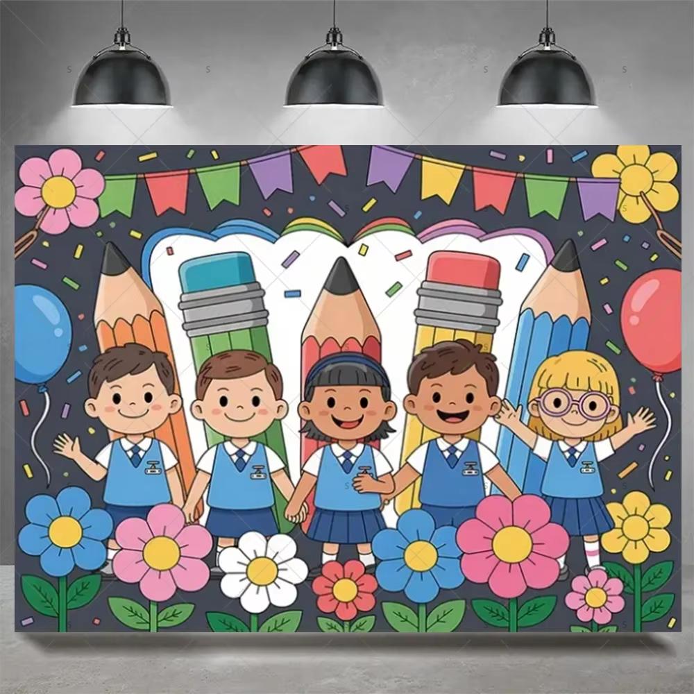 Colorful Back To School Wall Hanging Flat Print Cartoon School Supplies Tapestry For Kids Bedroom Dorm Study Room Party