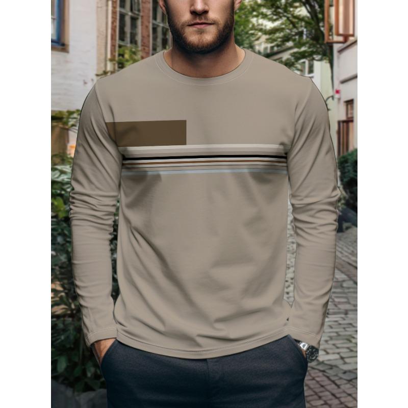 Herren Rundhals Langarm T-Shirt mit einfachem geometrischem Streifen-Patchwork Lässiges Vielseitiges Oberteil Mode Trendige Basisschicht