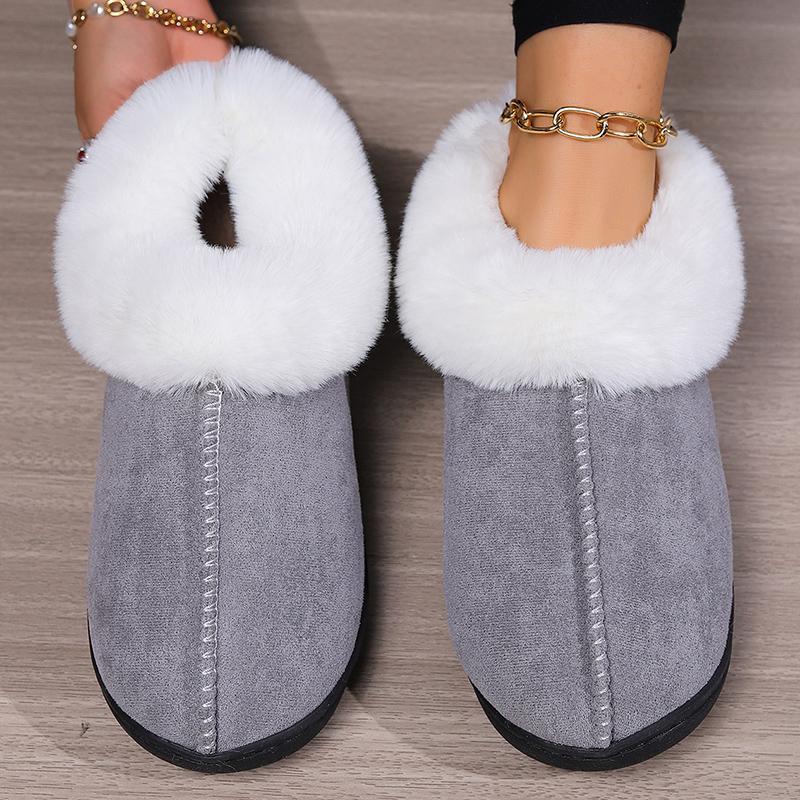 Fashion Faux Fur Cotton Slippers for Women Sewing Slip On Non Slip Plush Slippers Woman Soft Bottom Warm Cotton Shoes Mujer