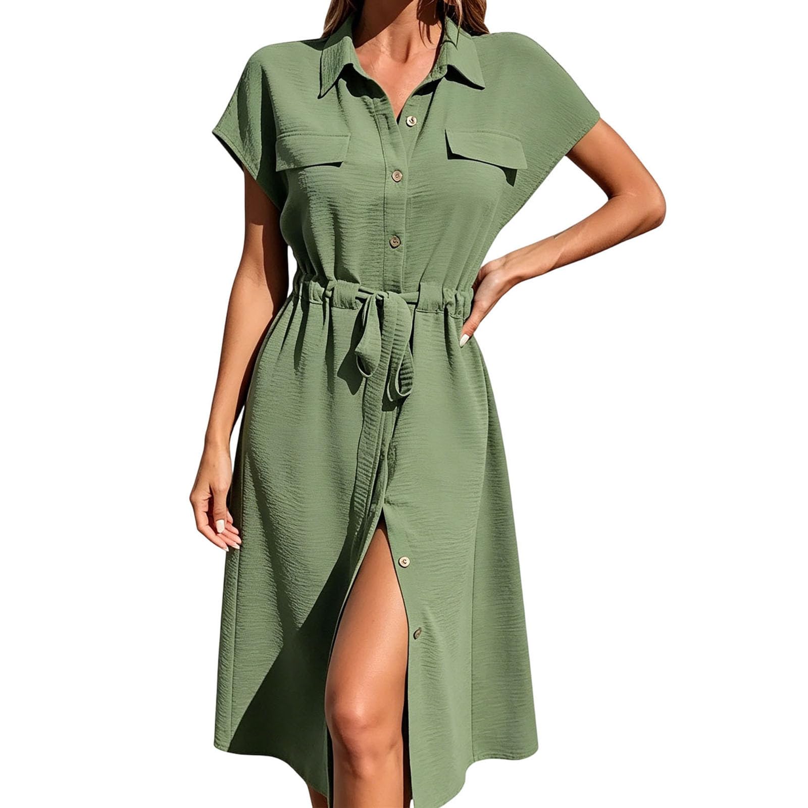 

Women s Casual Button Down Shirt Dress with Waist Tie and Short Sleeves Midi Length Relaxed Fit Lightweight Fabric L армия зеленый