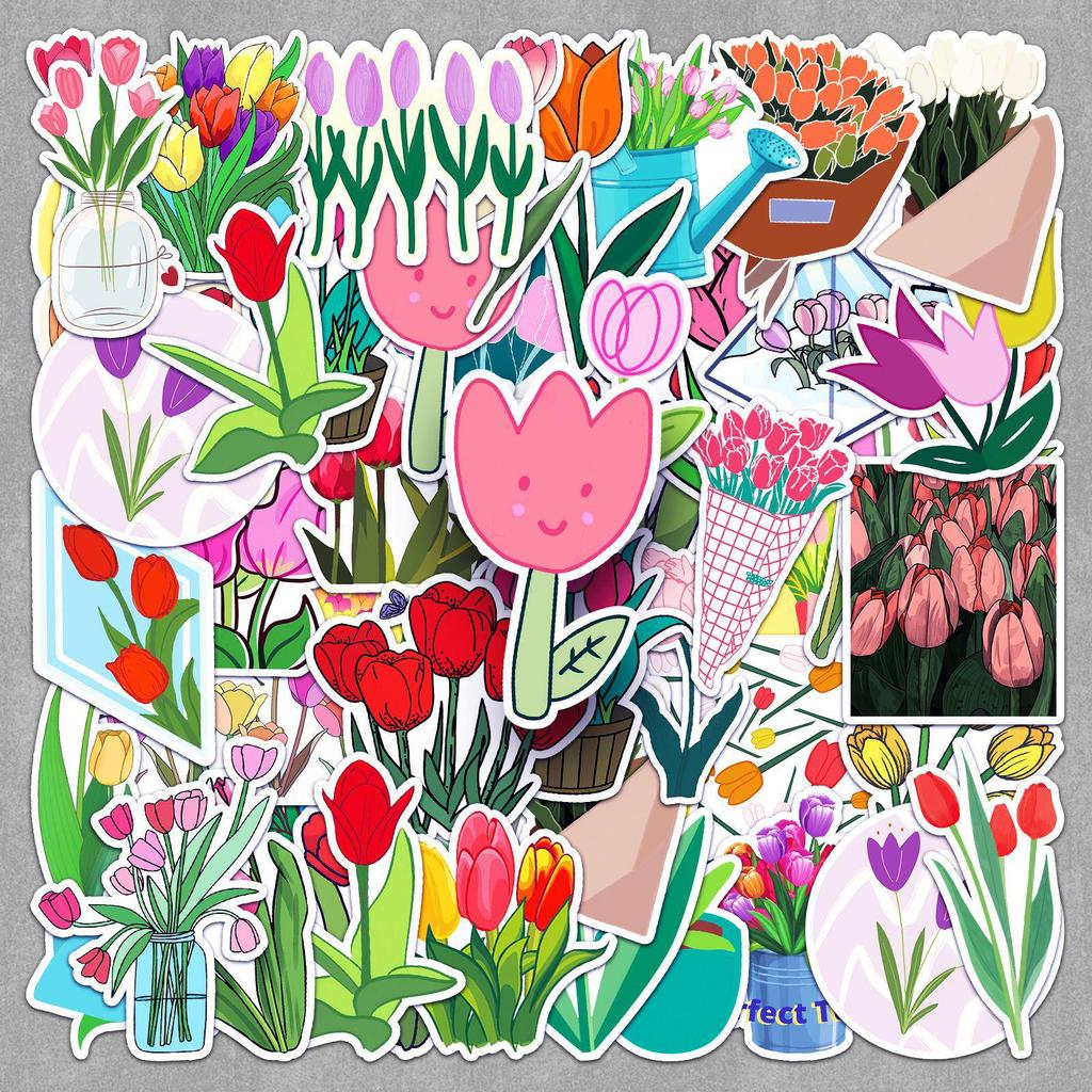 50pcs Waterproof Tulip Flower Stickers for Journals and Stationery Decoration