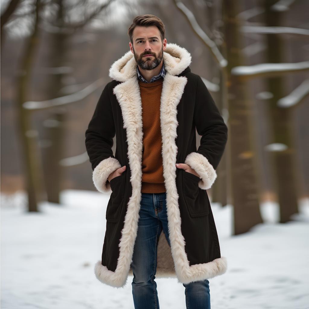 Men Fleece Lined Trench Coat Hooded Long Warm Jacket Wind Proof  Jacket Coat With Pockets