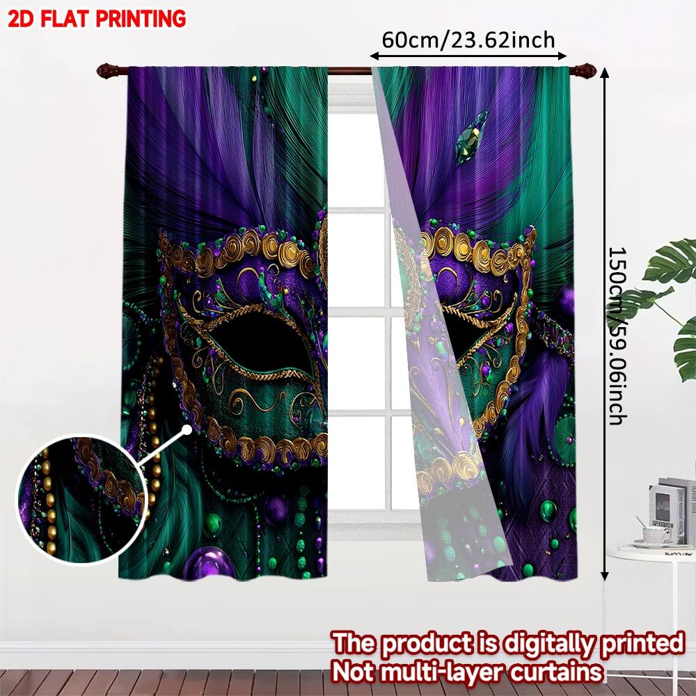 2D flat printing 2pcs Curtain Curtain Mardi Gras Mask and Feathers Digital Printed Polyester Drapes Family Party Decoration for