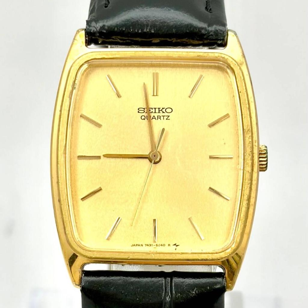 Used [New Battery] SEIKO Men's Watch Gold Rectangular 7431-5390 581035 New Strap
