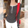 Black and White Striped Splicing Contrasting Color Semi-open Neck Long-sleeved T-shirt Women's Early Autumn New Pleated Design Top