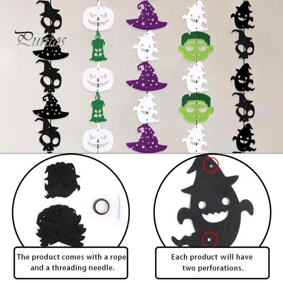 Soft Felt Garland Halloween Party Hanging Garland, Creepy Pumpkin Ghost Skull Witch Hat Streamer, Horror Banner Backdrop Decor for Trick or