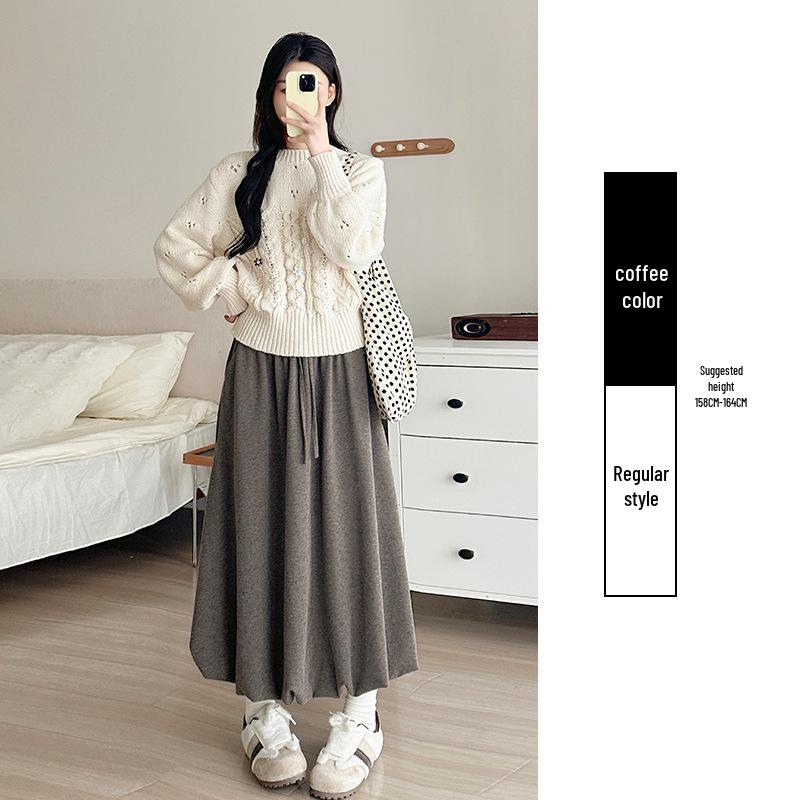 Khaki Sticky Rice Bud A-line Skirt: Women's High Waist Slimming Mid-length for Autumn 2025