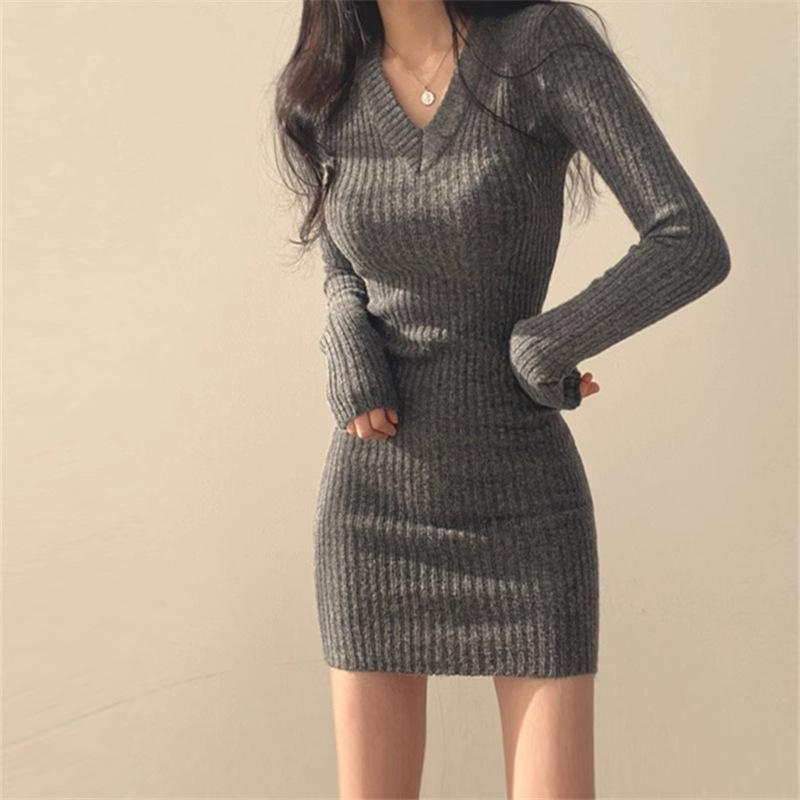 Women's Slimming V-Neck Knitted Sweater Dress - Autumn/Winter, Sexy Slim-Fit, Tight Hip-Hugging Design