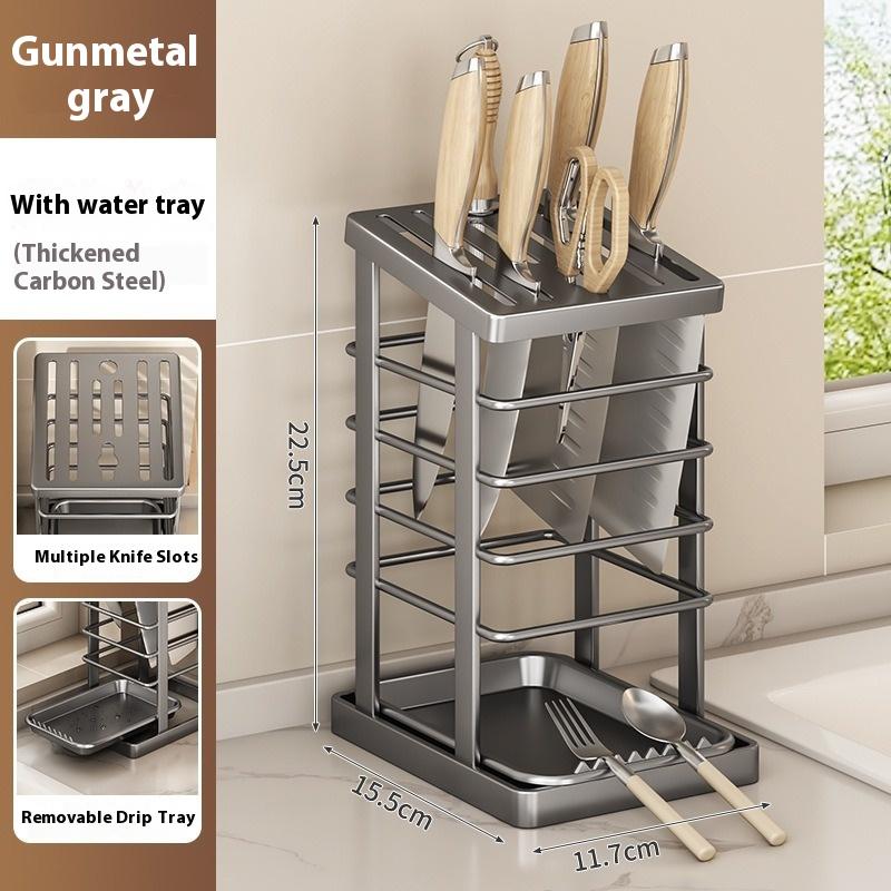 Kitchen Knife Holder Countertop Knife Tool Storage Rack With Drain Tray Multi-Function Knife Holder Storage Rack Dish Rack