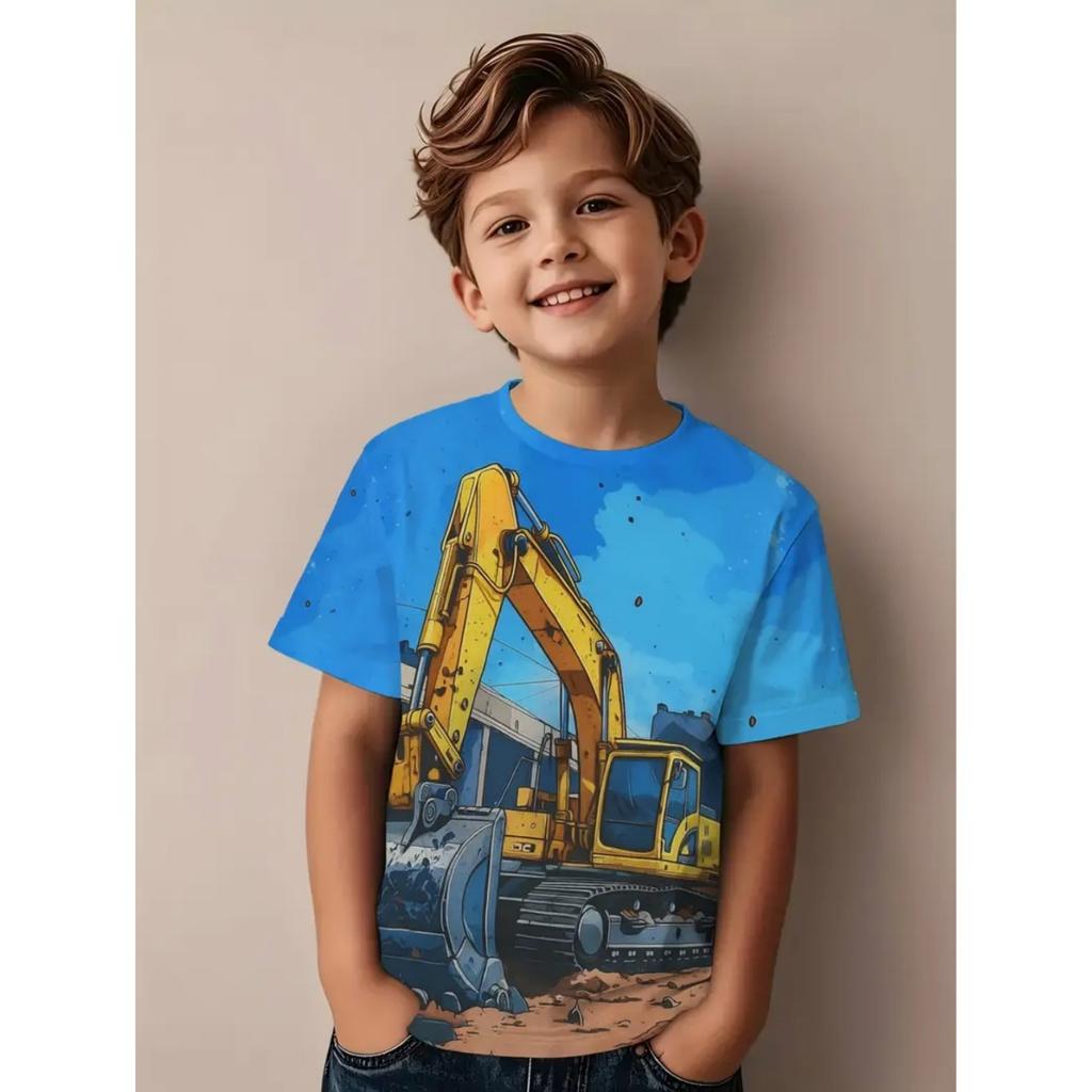 Fed 3D Traktortryk Børnetøj Drenge T-shirt Kortærmet Mode Børne Sommertøj Udendørs Aktive Børnetøj