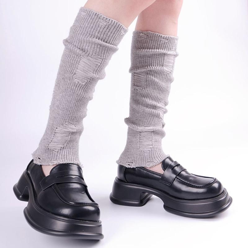 Japanese Punk Leg Warmers Women Solid Color Ribbed Knit Long Socks Y2K Distressed Ripped Boot Cuffs Leg Cover Streetwear