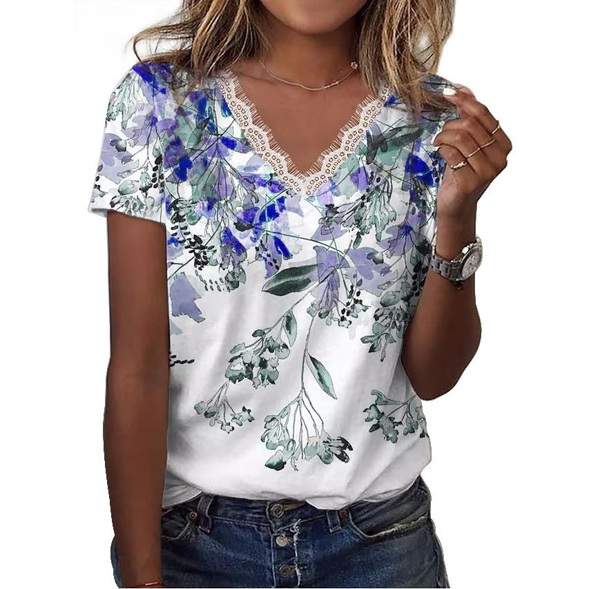 Women's Lace Floral Printed T Shirt V-Neck Short Sleeve Casual Shirts Loose Fashion Blouses Plus Size