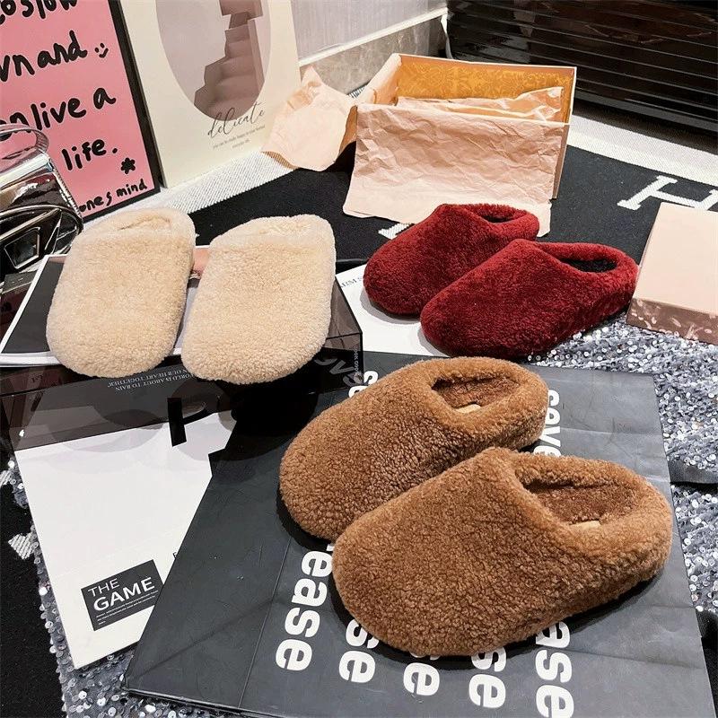 Lam allsidig veske hode halv tøfler dame 2025 høst og vinter plysjsko yttertøy lat flat bunn myk bunn bomull mopp