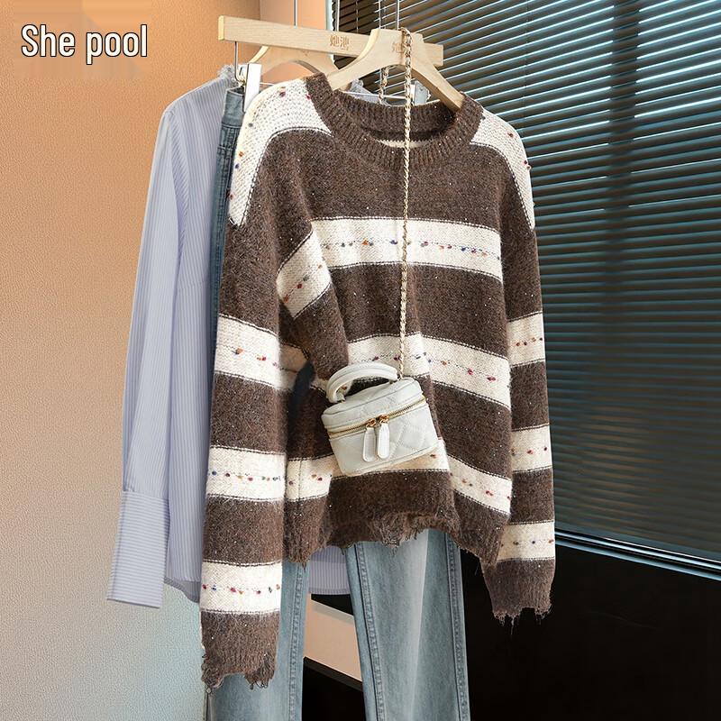 

Women s Soft Plush Striped Sequin Knit Sweater One Size