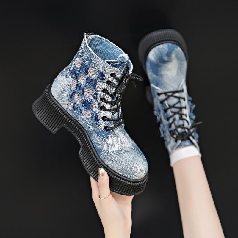 Autumn and Winter Denim Retro Martin Boots Thick-soled Front Lace-up Tooling Locomotive Round Head Women's Short Boots