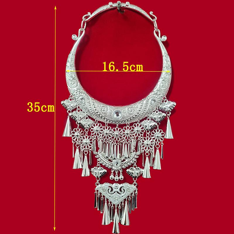 Miao Silver-Plated Gem Rhinestone Tassel Necklace for Hanfu Dance