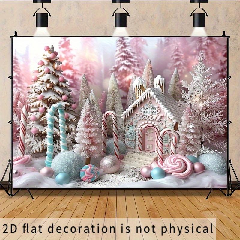 Frohe Weihnachten 2D-Flachbanner - Rosa Zuckerstange Schneewunderland Winterkulisse mit Lebkuchenhaus und Lutscher - Polyester