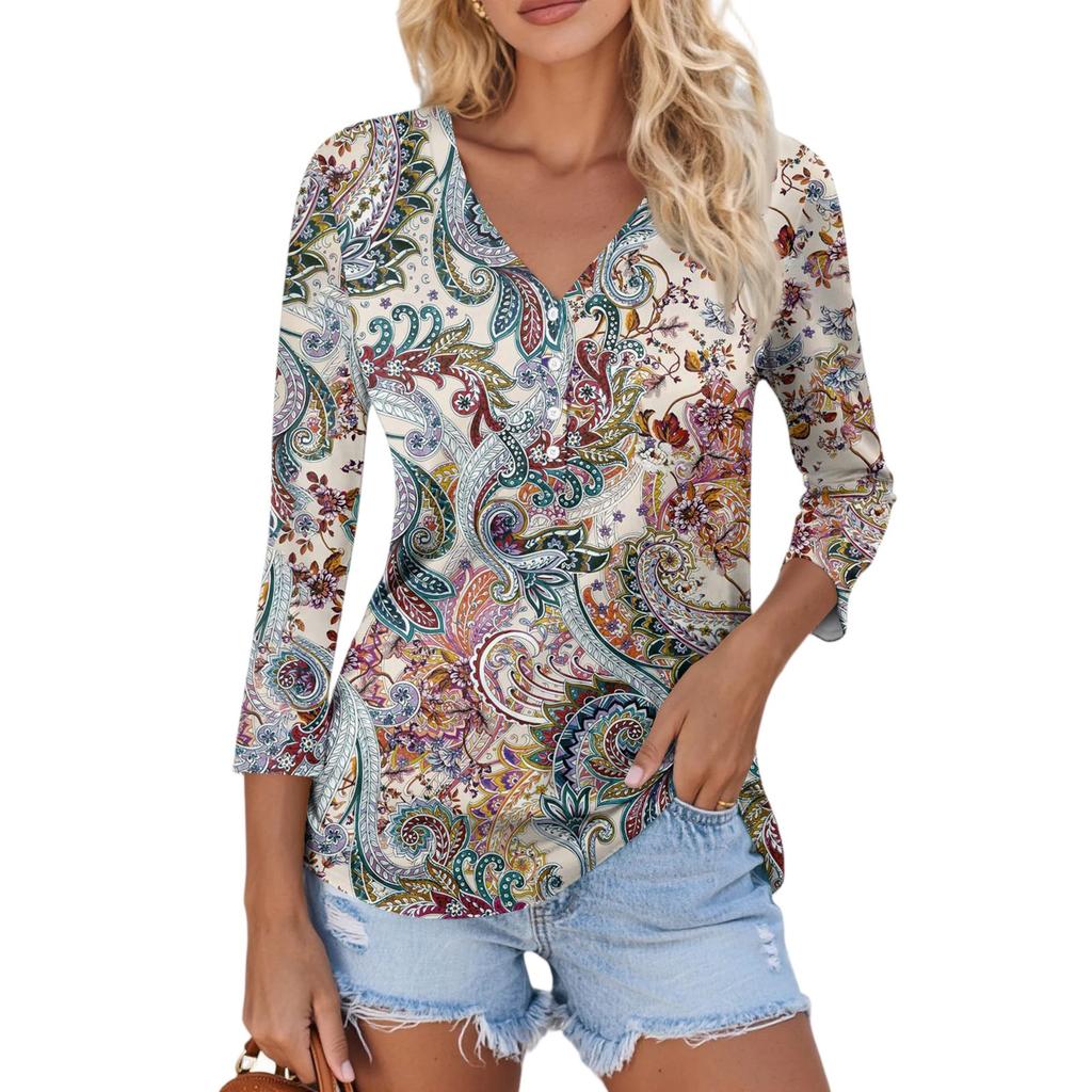Damen Lässig Mode Sexy Bequem V-Ausschnitt Knopf Floral Dreiviertelarm Oberteil
