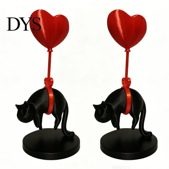 Solid Texture Cat Statue Floating Heart Balloon Figurine 3D Printed Cute Black Desk Accessory Romantic Desktop Ornament for Living Room Bedroom