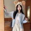 Long sleeved knitted cardigan for women's autumn and winter versatile short style westernized light blue sweater top