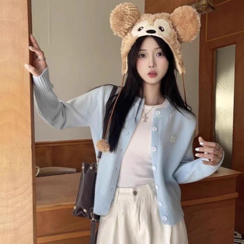 Long sleeved knitted cardigan for women's autumn and winter versatile short style westernized light blue sweater top