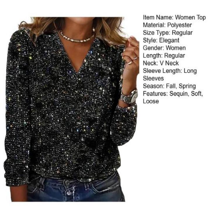 Breathable Premium Blouse Soft Long Sleeve V Neck Loose Women Shirt Daily Party Club Commute Sequin Lady Pullover