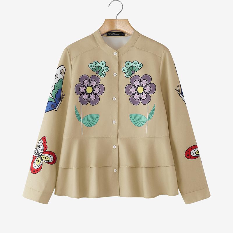 

ZANZEA Женская повседневная блузка с круглым вырезом, цветочным принтом, свободного кроя, с длинным рукавом 5XL хаки